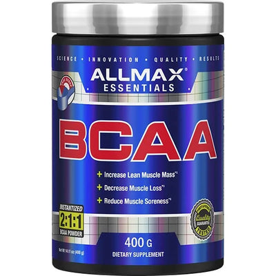ALLMAX BCAA Essentials 400g powder supports lean muscle mass and muscle recovery.