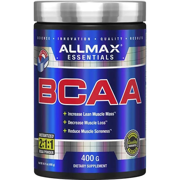 ALLMAX BCAA Essentials 400g powder supports lean muscle mass and muscle recovery.