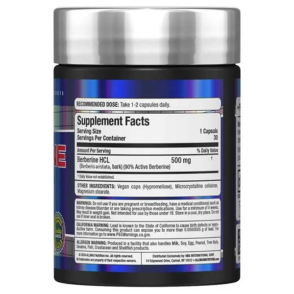 Allmax Berberine HCL 30 capsules right side view highlighting metabolic support and vegan quality certifications.