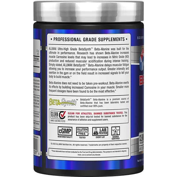 Allmax Beta-Alanine 400g left side view highlighting lab-tested purity and banned substance free endurance support.