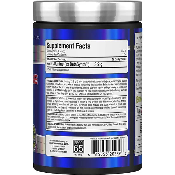 Allmax Essentials Beta-Alanine 400g right view detailing supplement facts for maximum muscular endurance.