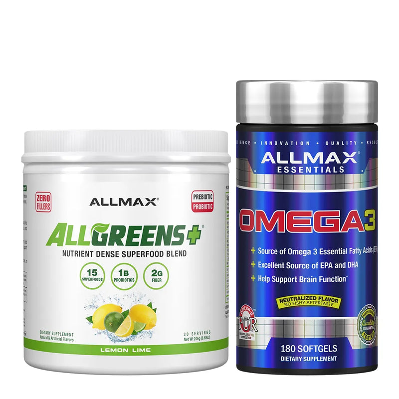 Two Allmax Essentials dietary supplement containers on a white background: a white Allgreens+ powder tub and a blue Omega 3 softgel bottle.