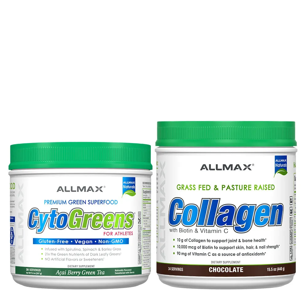 Two Allmax supplement containers on a white background: a smaller green-lidded jar labeled CytoGreens and a larger white-lidded jar labeled Collagen, Chocolate flavor.