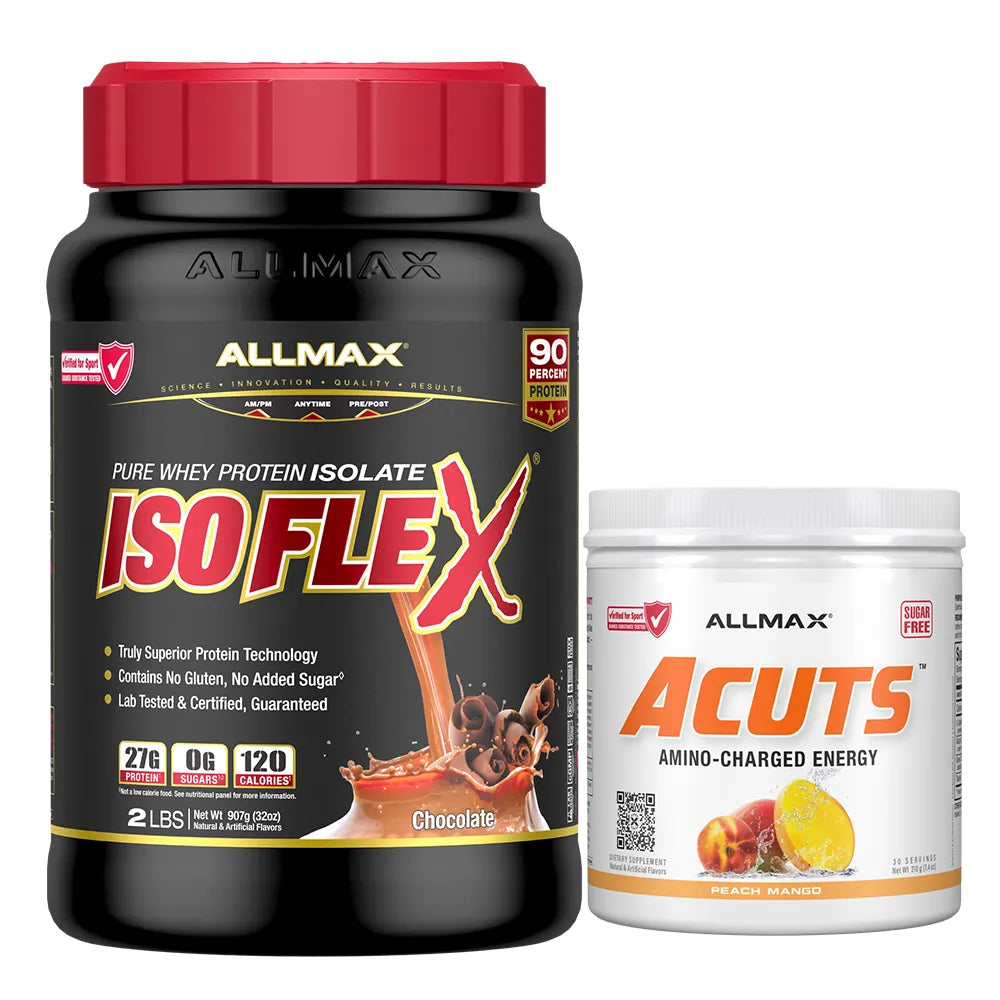 Two Allmax branded supplement containers on a plain white background: a large black tub with a red lid labeled ISO FLEX in chocolate flavor, and a smaller white tub with a white lid labeled ACUTS in peach mango flavor.