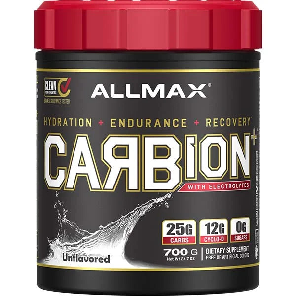 ALLMAX Carbion+ Unflavored 700g tub provides electrolytes and carbs for enhanced hydration and endurance.