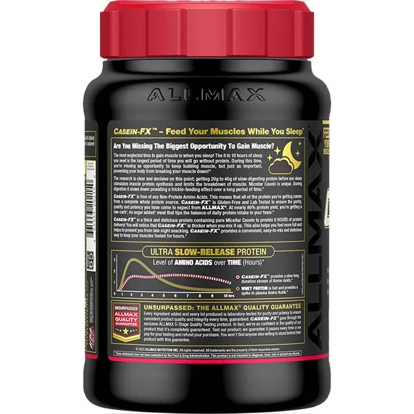 Allmax Casein-FX left view showing the 8-hour slow-release protein graph for muscle recovery.