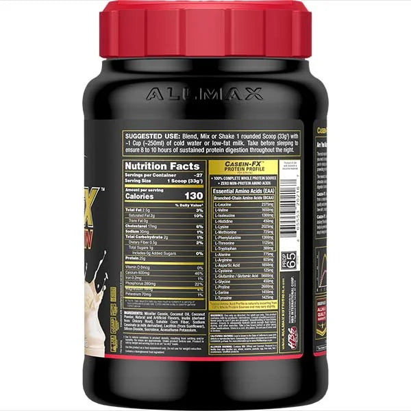 CaseinFX Vanilla 2 lb right view showing nutrition facts for sustained protein digestion.