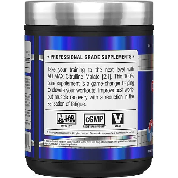 Allmax Citrulline Malate [2:1] left side view highlighting vegan certification and muscle recovery benefits.
