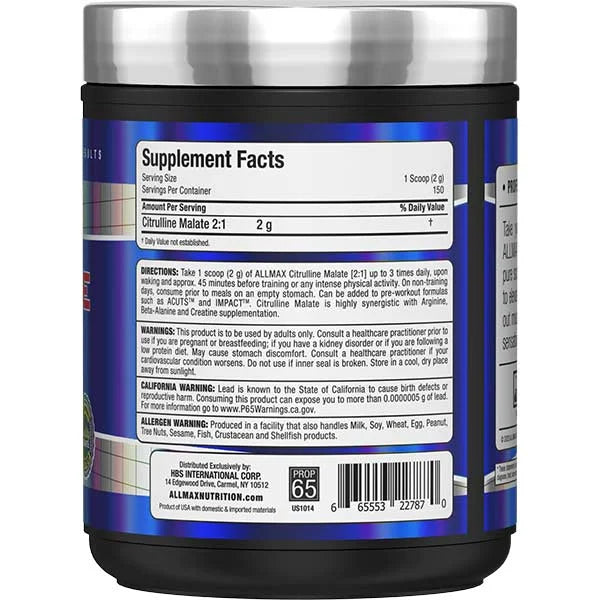 Allmax Citrulline Malate 300g right view showing supplement facts to help boost muscular performance.