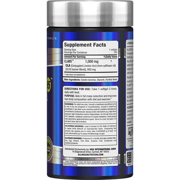 Allmax Nutrition CLA95 right view showing supplement facts for fat mass reduction and lean body support.