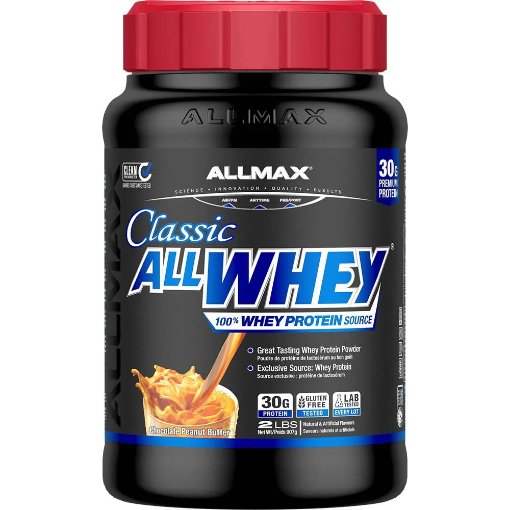 Allmax Classic ALLWHEY Chocolate Peanut Butter protein powder with 30g of protein for muscle recovery.