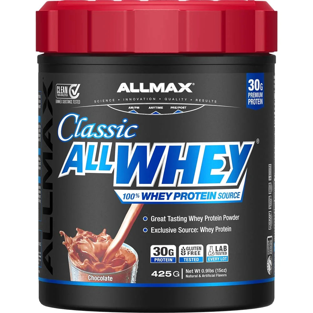 Allmax Classic ALLWHEY chocolate protein powder tub with 30g of premium protein for muscle recovery.