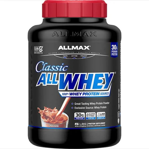 ALLMAX Classic ALLWHEY Chocolate protein powder in a 5 lb tub featuring 30g of protein for muscle recovery.