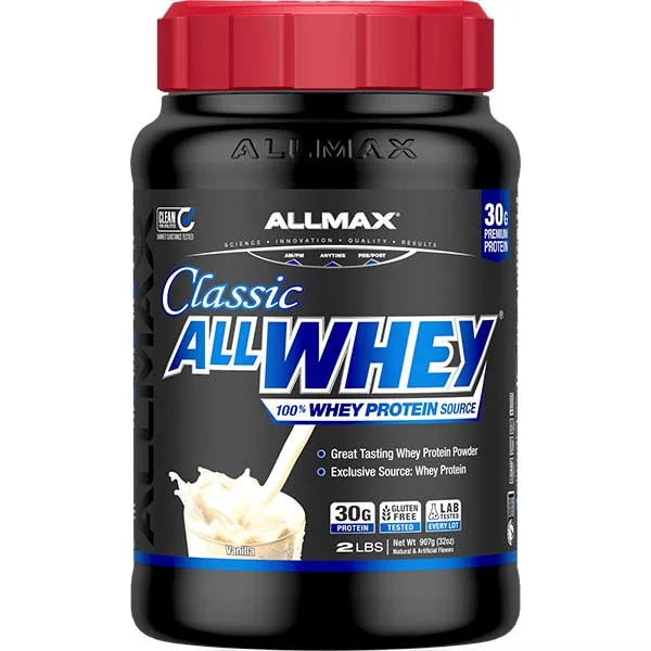 Allmax Classic ALLWHEY Vanilla protein powder in a 2 lb tub, featuring 30g of protein for muscle recovery.