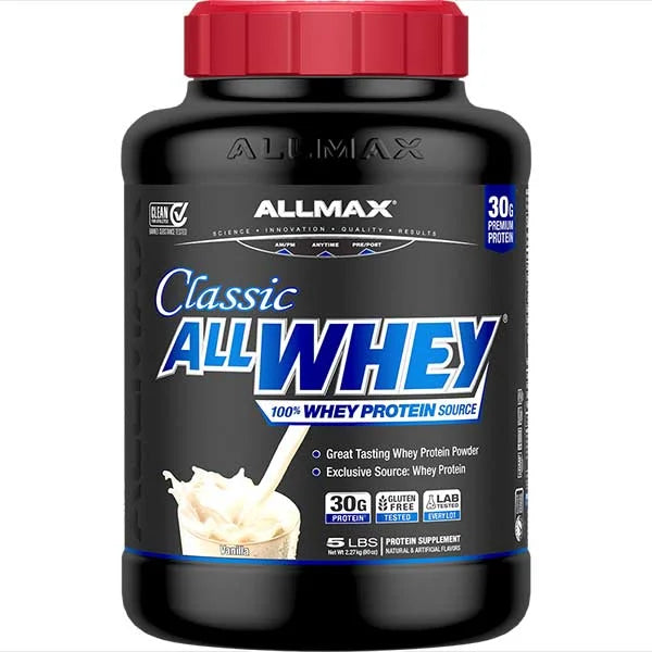 Allmax Classic ALLWHEY Vanilla 5lb protein powder tub featuring 30g of premium protein for muscle recovery.