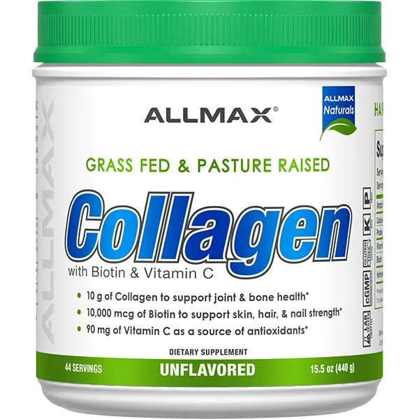 ALLMAX Unflavored Collagen with Biotin and Vitamin C for joint and skin health support.