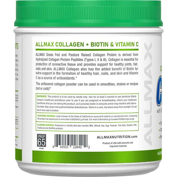 ALLMAX Collagen with Biotin and Vitamin C unflavored powder left view for joint and skin health support.