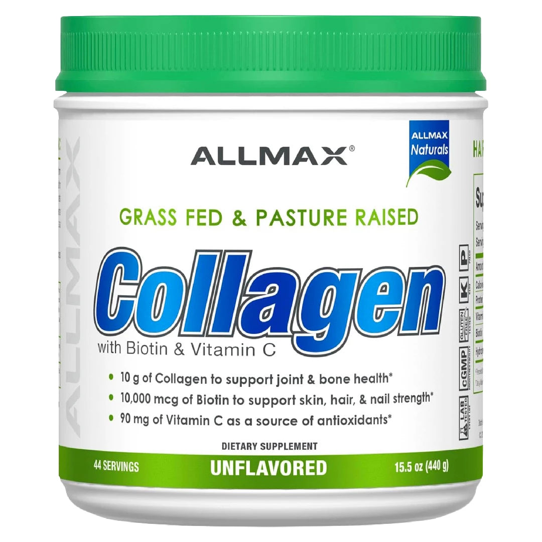 Allmax Collagen supplement container with green lid and white label on a white background