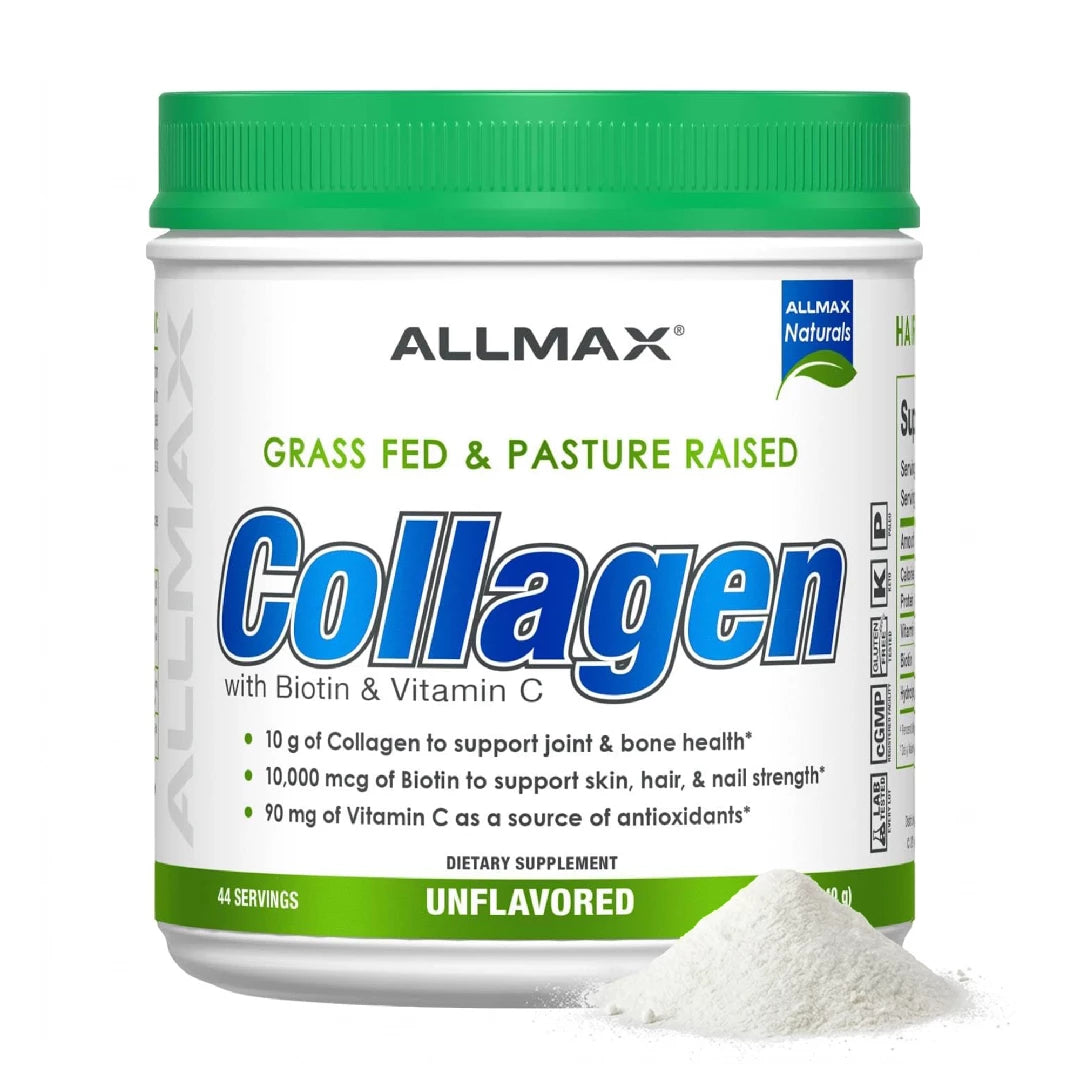 Allmax Naturals collagen supplement container with green lid and white body on a white background