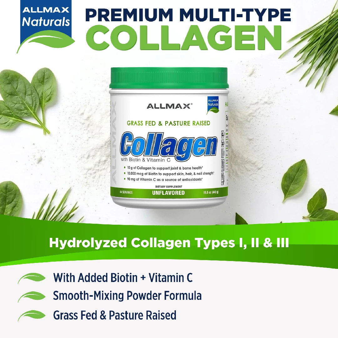 Allmax Naturals Premium Multi-Type Collagen powder container with green leaves on a white background
