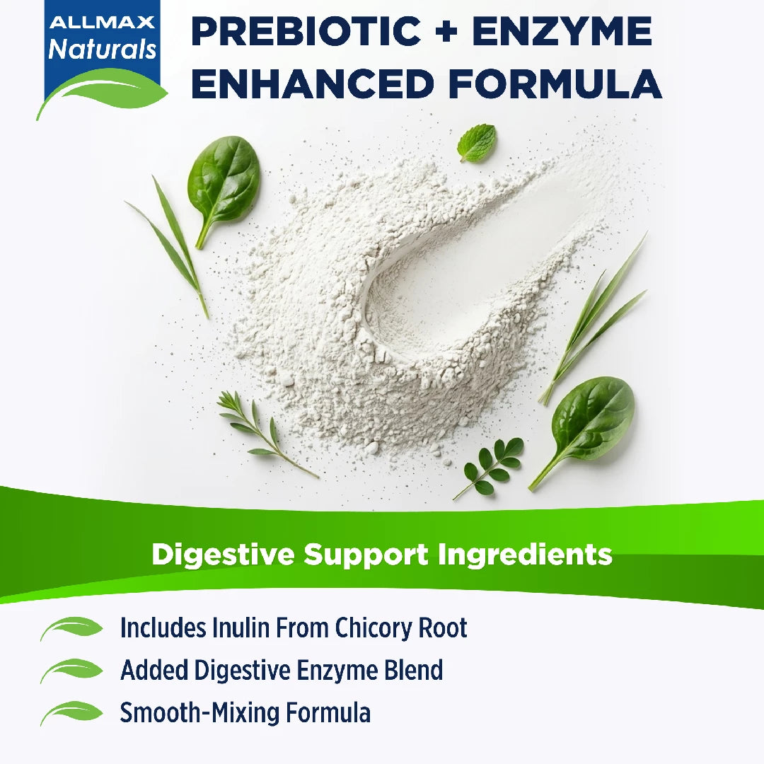 Allmax Naturals prebiotic and enzyme enhanced formula with ingredients on a white background