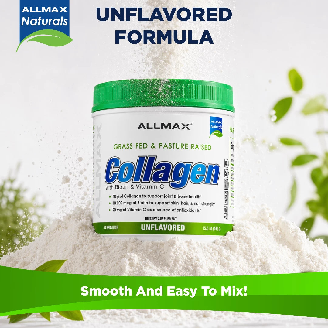 Allmax Naturals collagen powder container with text about unflavored formula and smooth mixing.