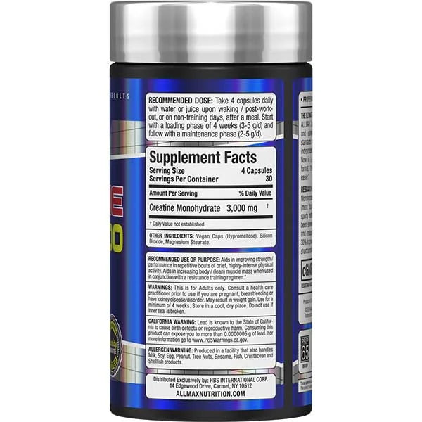 Allmax Creatine 3000 Capsules right view showing supplement facts for muscle strength and performance.