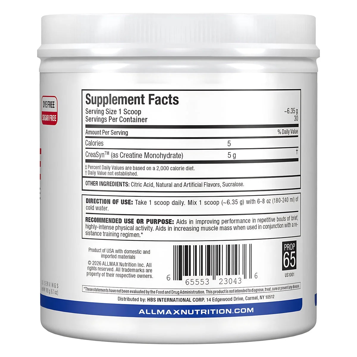 ALLMAX Creatine Blue Raspberry 190g right side view for enhanced athletic performance.