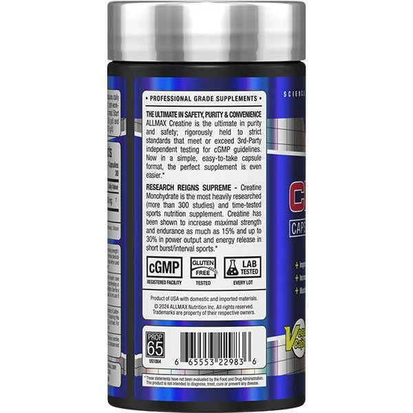 Allmax Nutrition Creatine Capsules left side view showing cGMP and lab-tested certifications for purity.