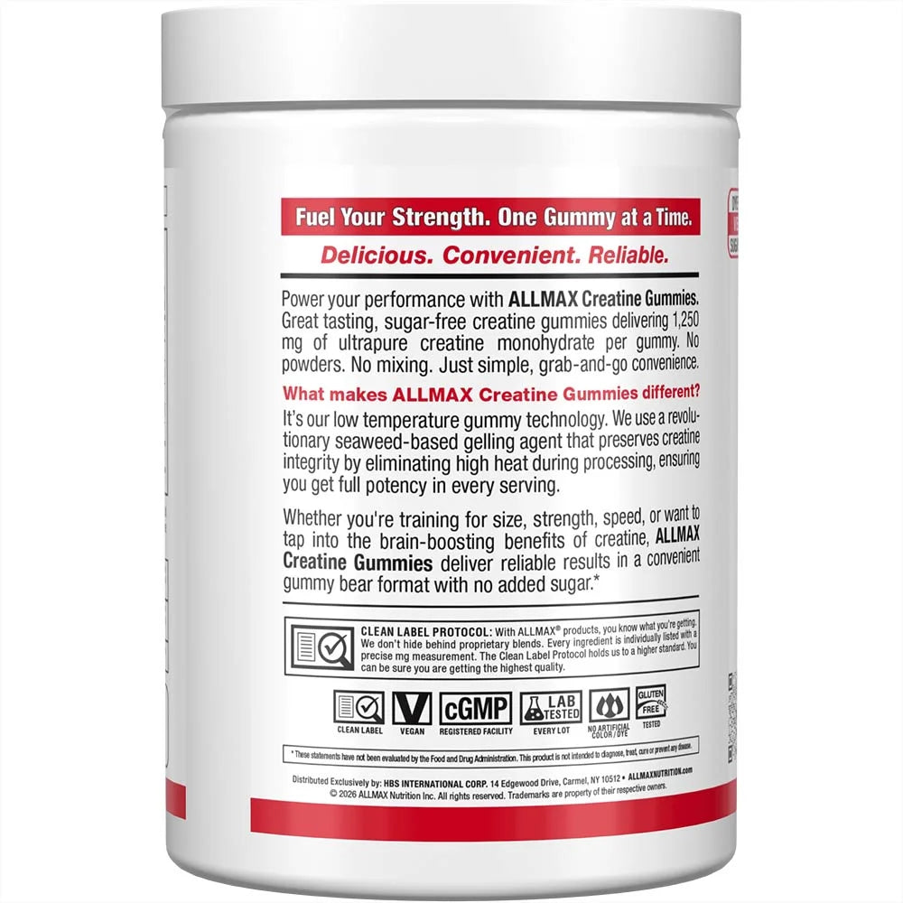 Allmax Creatine Gummies Raspberry Lemonade 90 count left view showing supplement facts for muscle recovery.