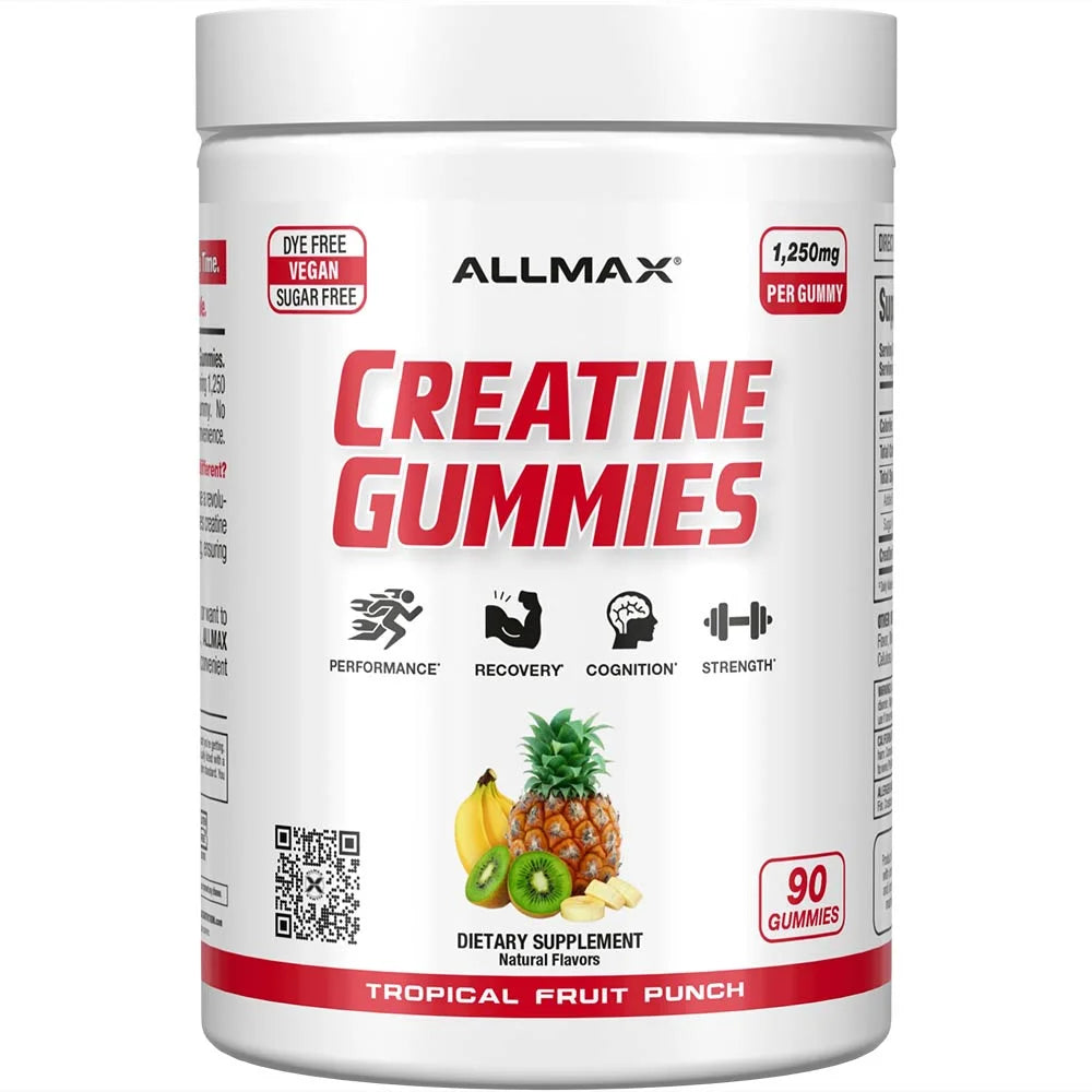 ALLMAX Creatine Gummies in Tropical Fruit Punch flavor with 1,250mg of creatine for muscle recovery.