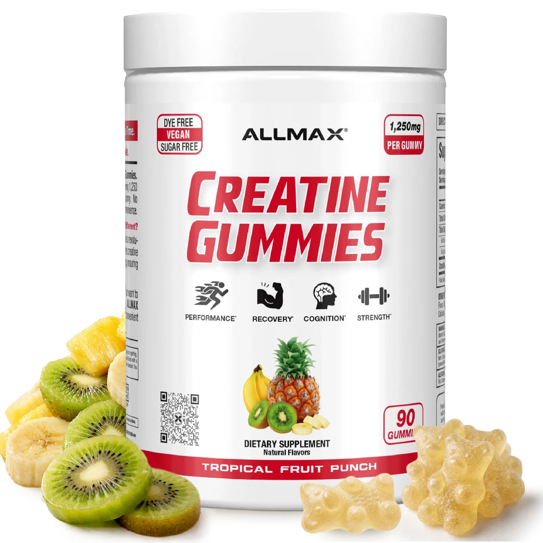 Allmax Creatine Gummies container with gummy bears, kiwis, and pineapple on a white background