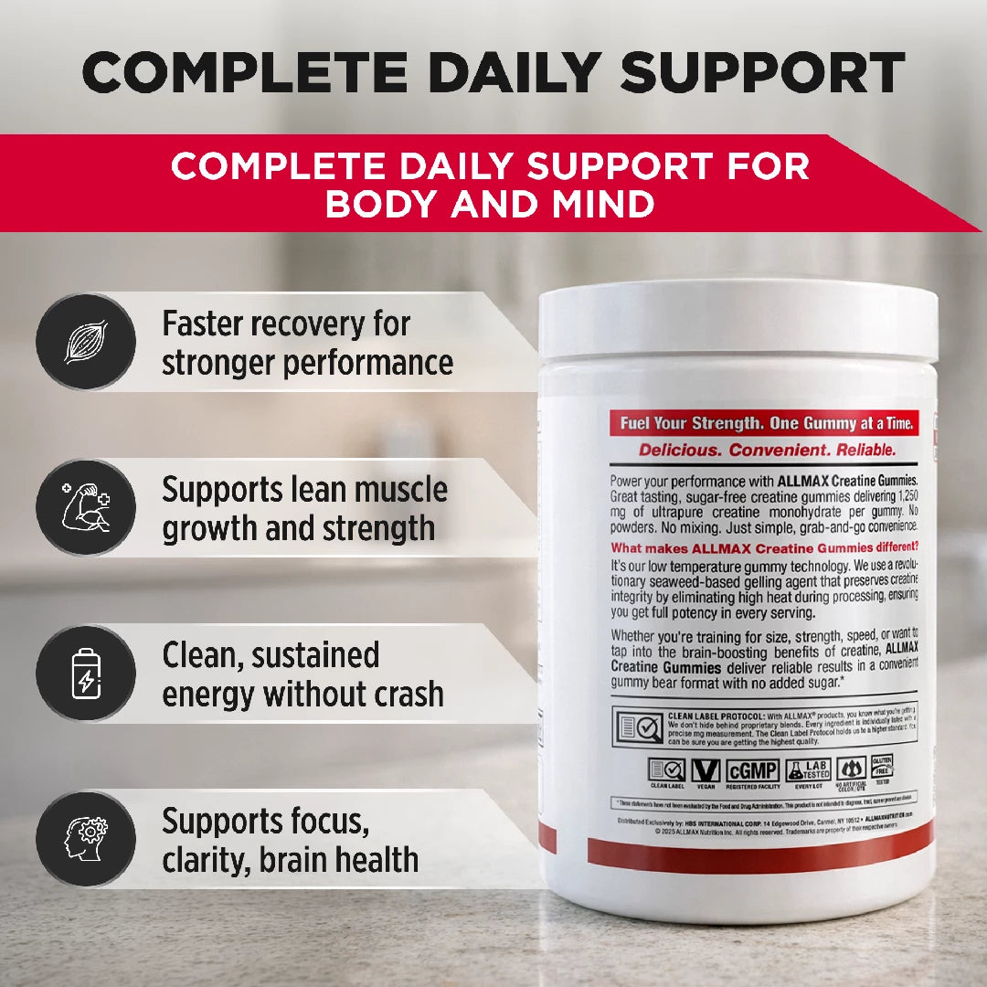 Supplement container with text highlighting complete daily support for body and mind on a gray background