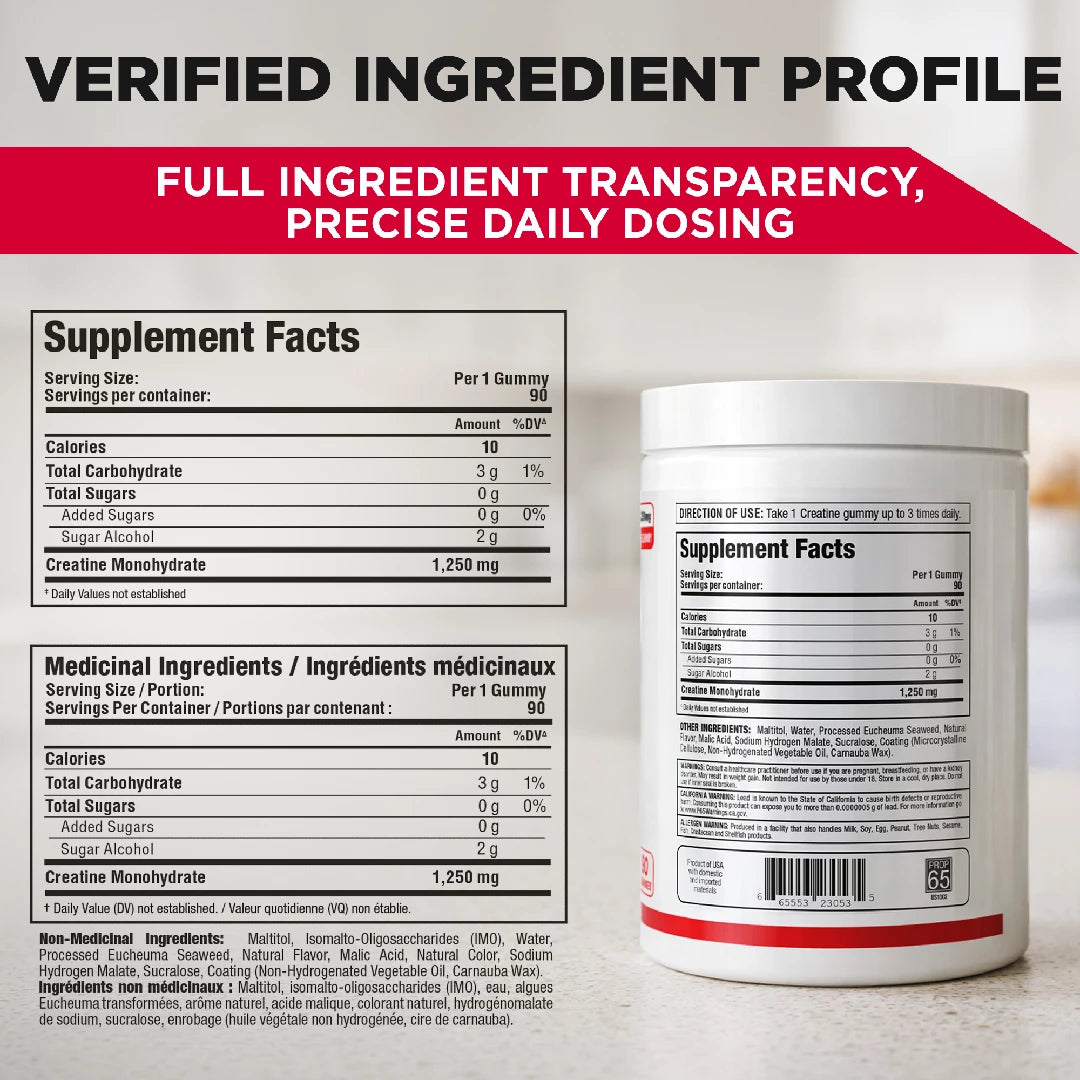 Supplement container with detailed ingredient label and verification text on a light background