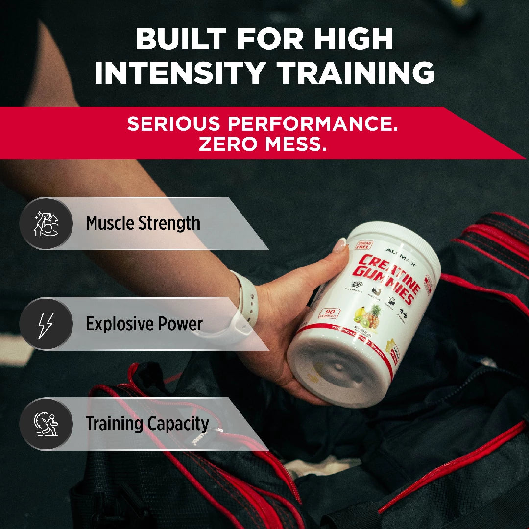 Person holding a supplement container with text about high-intensity training and product benefits.