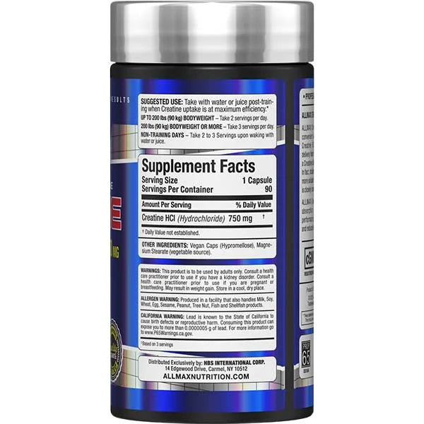 ALLMAX Creatine HCl 750mg 90 capsules right view detailing supplement facts for maximum performance efficiency.