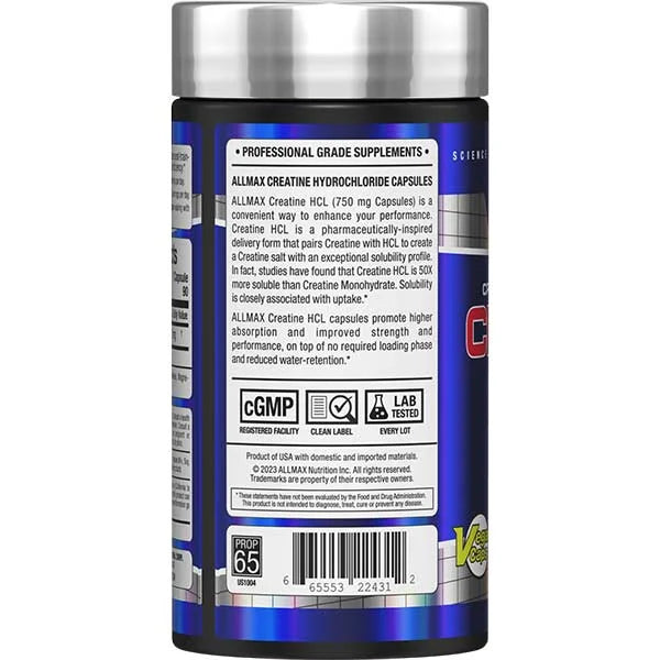 Allmax Creatine HCL 90 capsules left side view featuring high solubility claims for enhanced muscle performance.