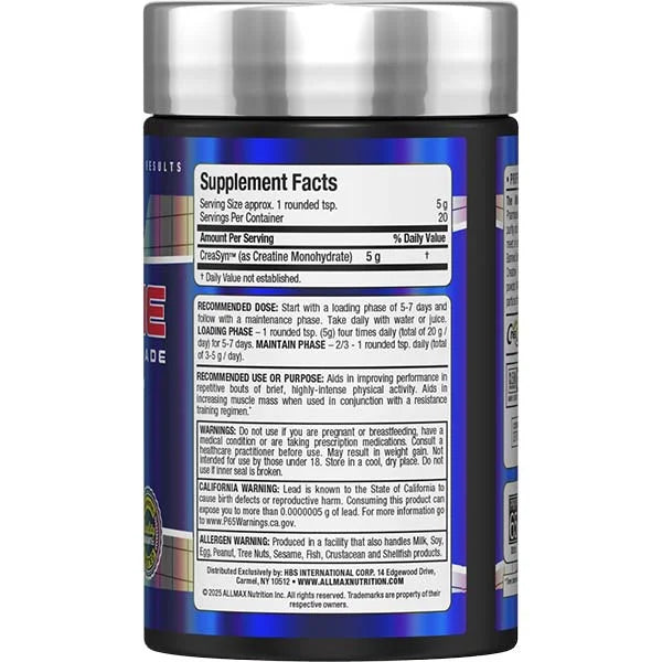 Allmax Creatine Monohydrate 100g right view detailing dosage for maximum strength and performance gains.