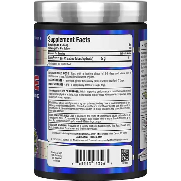 Allmax Creatine Monohydrate 400g right side view showing supplement facts for muscle mass and performance support.