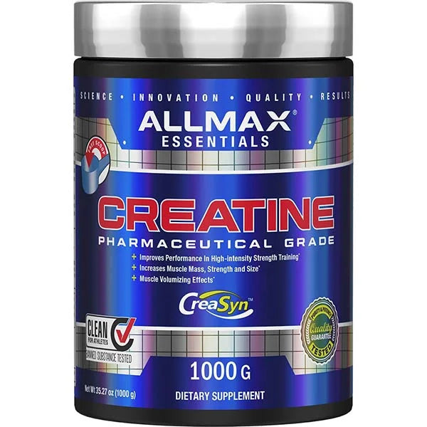 ALLMAX Essentials Pharmaceutical Grade Creatine in a 1000g tub helps increase muscle mass and strength.