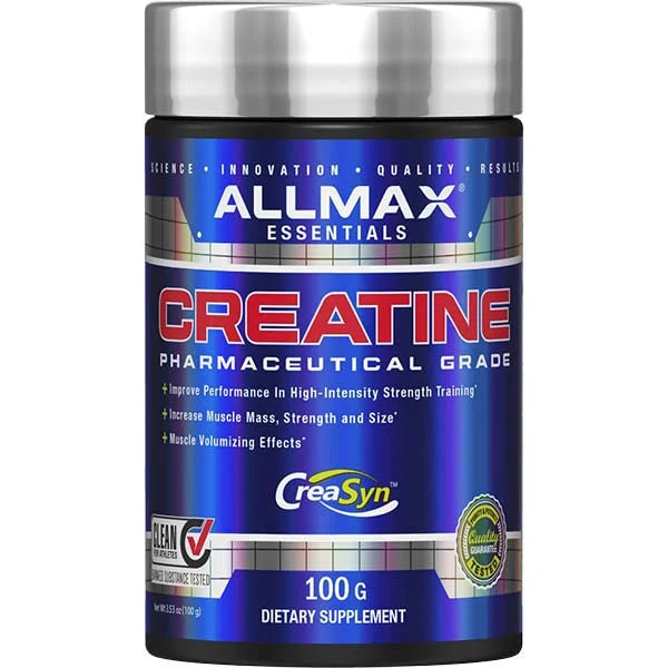 ALLMAX Essentials Creatine Pharmaceutical Grade 100g jar for improved high-intensity strength performance.