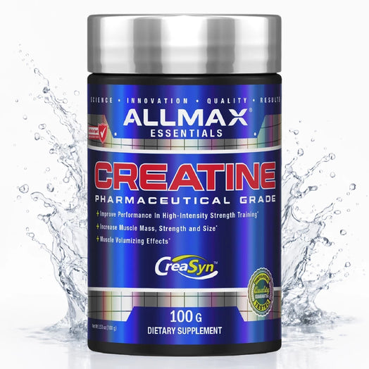 Allmax Essentials Creatine supplement container with water splash effect