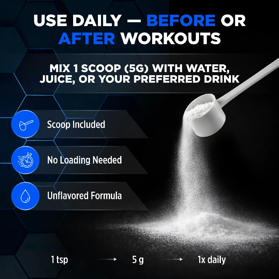 Supplement powder being scooped with text about usage and benefits on a dark background