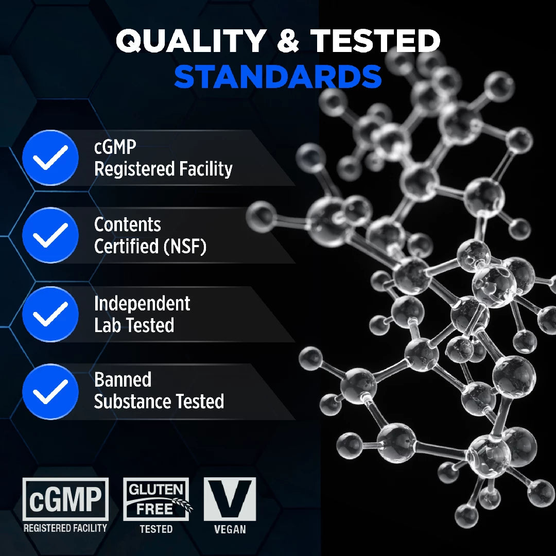 Quality and tested standards with molecular structure on a dark background