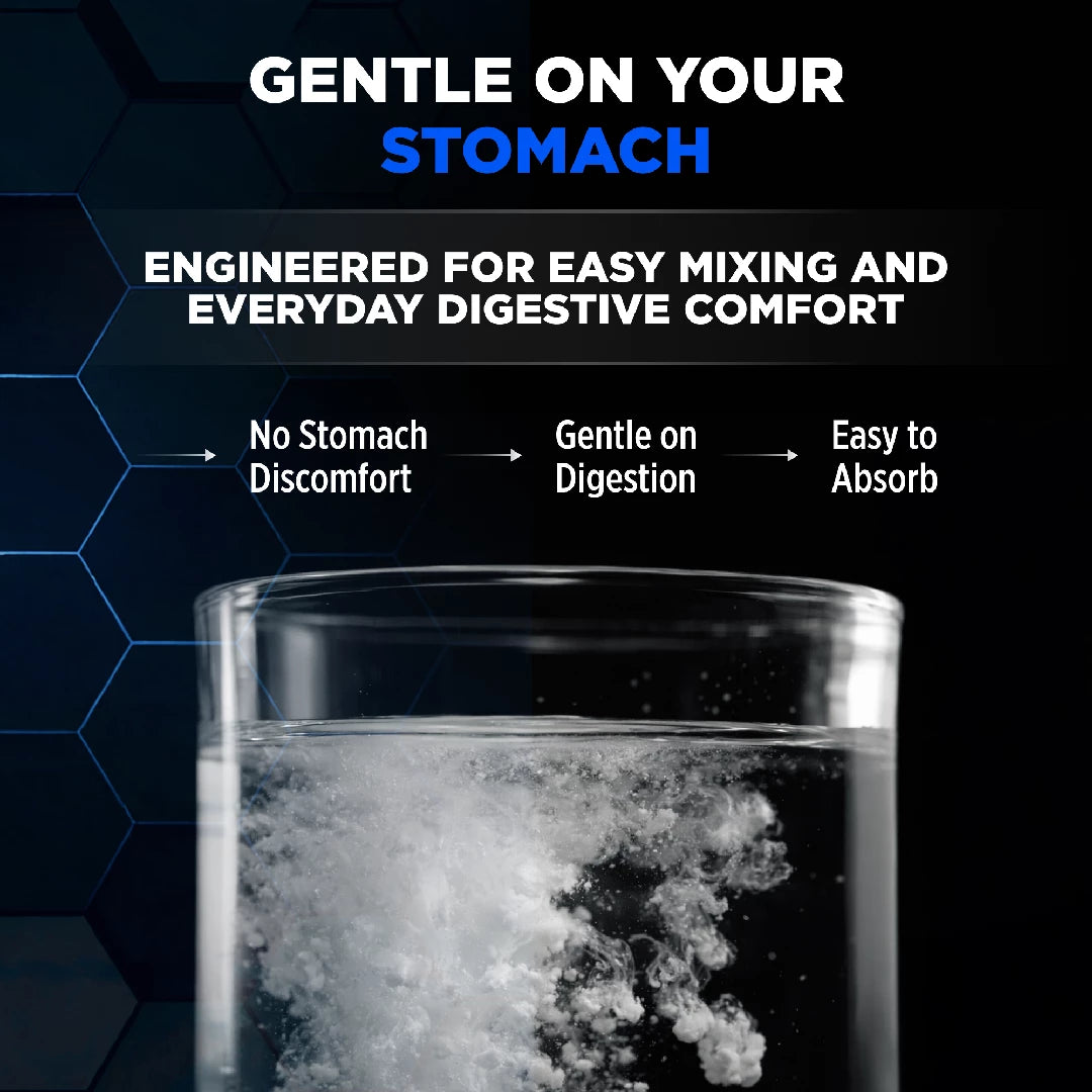 Glass of water with a tablet dissolving, text about product benefits on a dark background