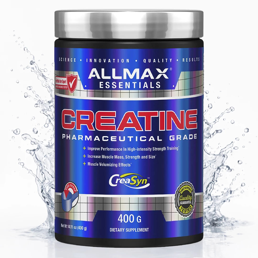 Allmax Essentials Creatine supplement container with water splash background