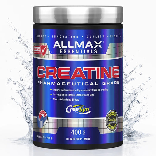 Allmax Essentials Creatine supplement container with water splash background