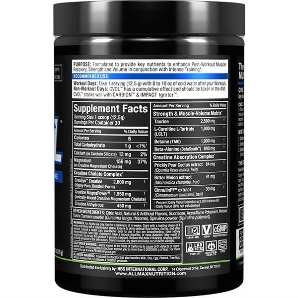 Allmax Nutrition CVOL post-workout container right view showing recovery ingredients and clean label icons.