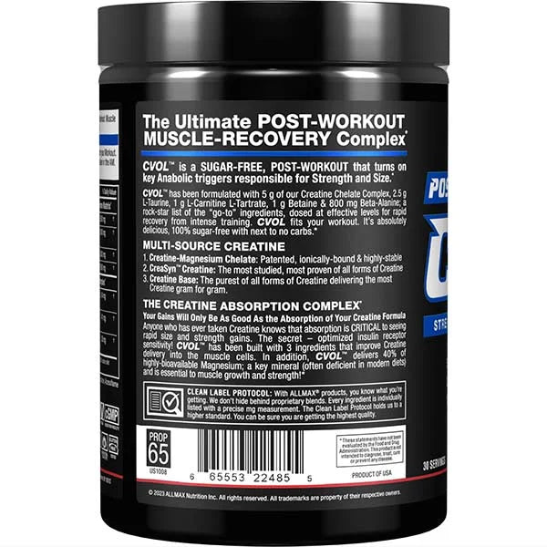 Allmax CVOL Raspberry Kiwi left view showing the post-workout recovery complex for muscle strength.