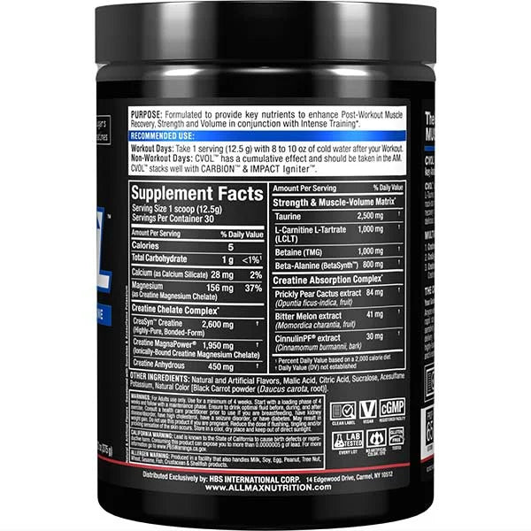 Allmax CVOL Powder Raspberry Kiwi Kamikaze right side view for enhanced post-workout muscle recovery and strength.